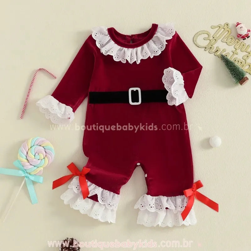 Macacão Bebê de Veludo Mamãe Noel Clássica com Babados Vermelho - Boutique Baby Kids