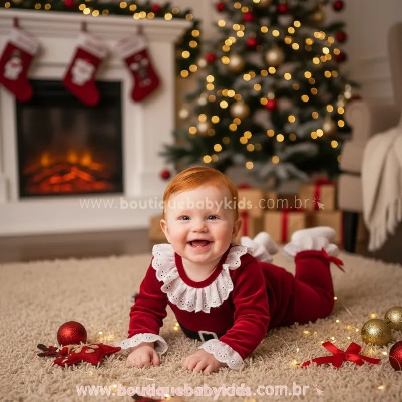 Macacão Bebê de Veludo Mamãe Noel Clássica com Babados Vermelho - Boutique Baby Kids