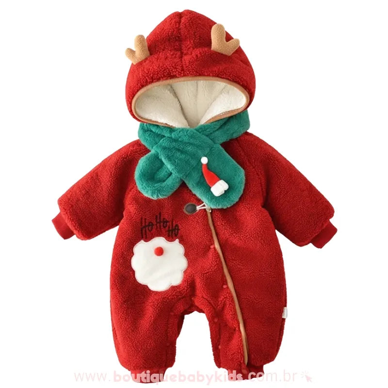 Macacão Bebê Rena do Papai Noel com Cachecol Acolchoado - Boutique Baby Kids