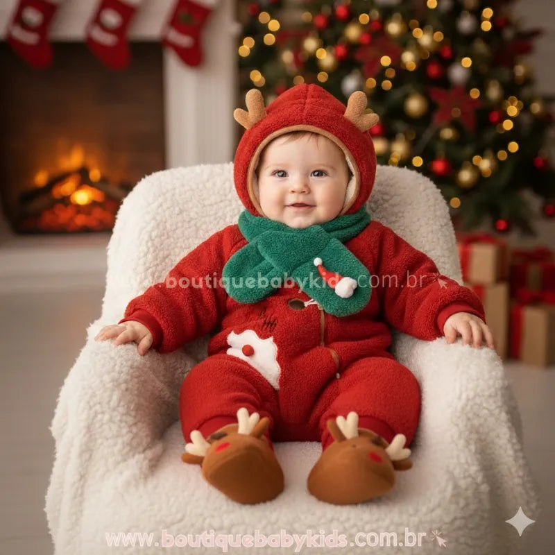 Macacão Bebê Rena do Papai Noel com Cachecol Acolchoado - Boutique Baby Kids