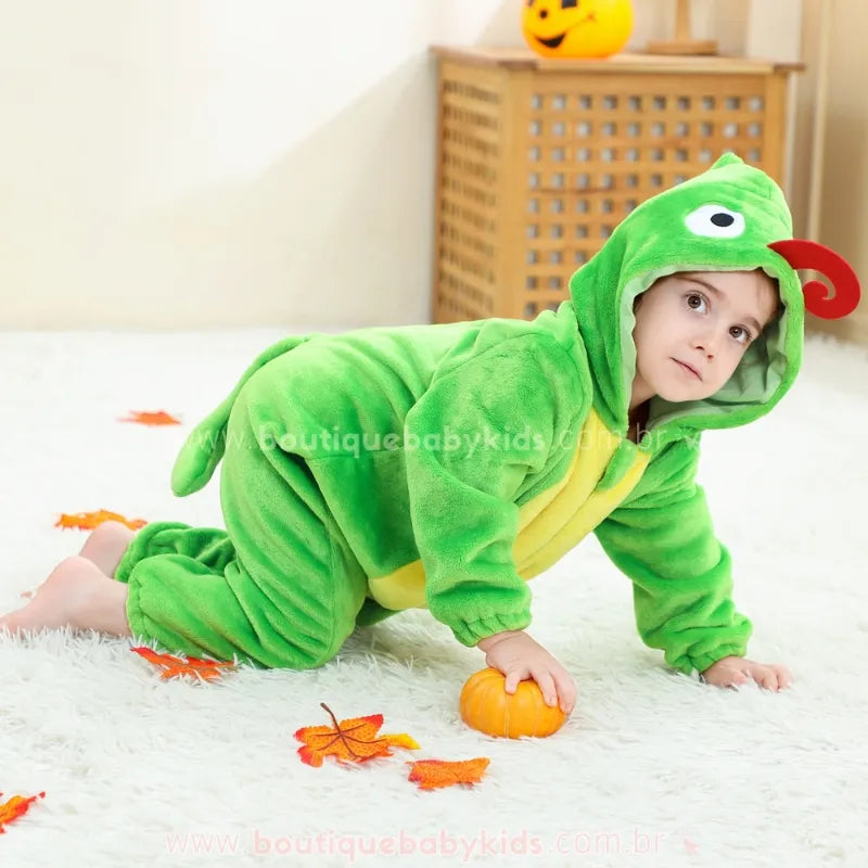Macacão Bebê Fantasia de Bichinho Camaleão Verde Capuz 3D - Boutique Baby Kids