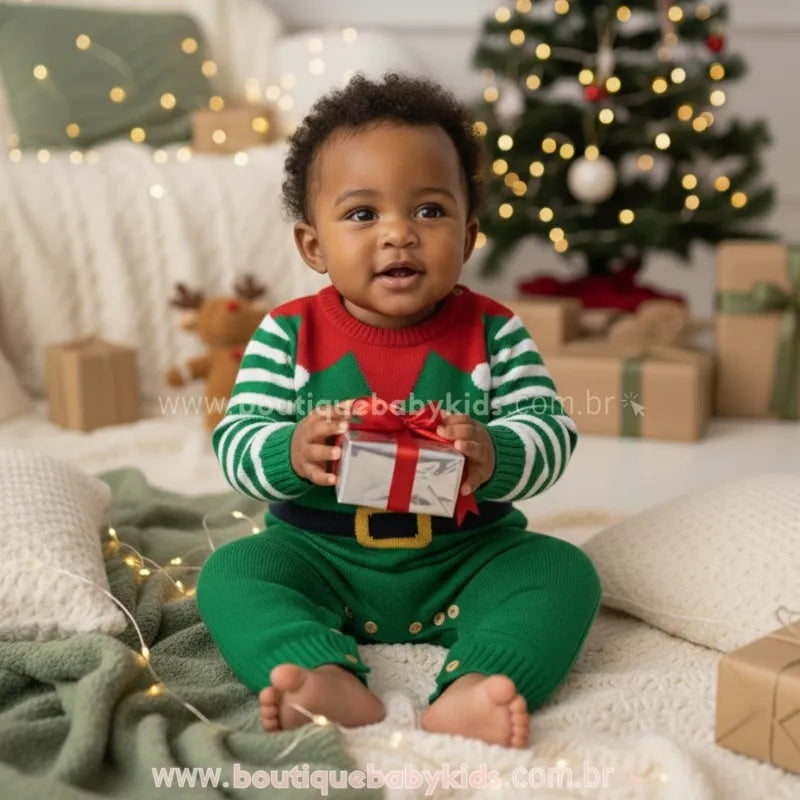 Macacão Bebê Tricot Ajudante do Papai Noel Duende Verde - Boutique Baby Kids 