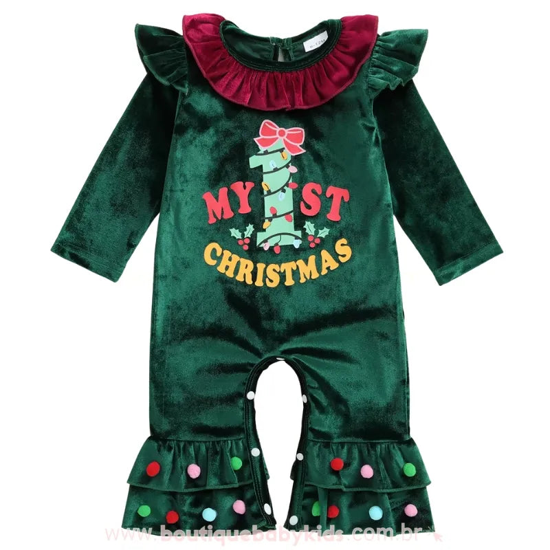 Macacão Bebê Veludo 'My First Christmas' com Babados Verde - Boutique Baby Kids
