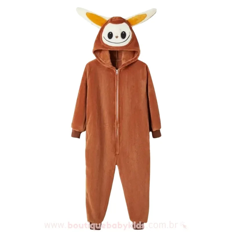 Macacão Infantil Kigurumi Temático  Labubu Monster com Capuz Marrom - Boutique Baby Kids 