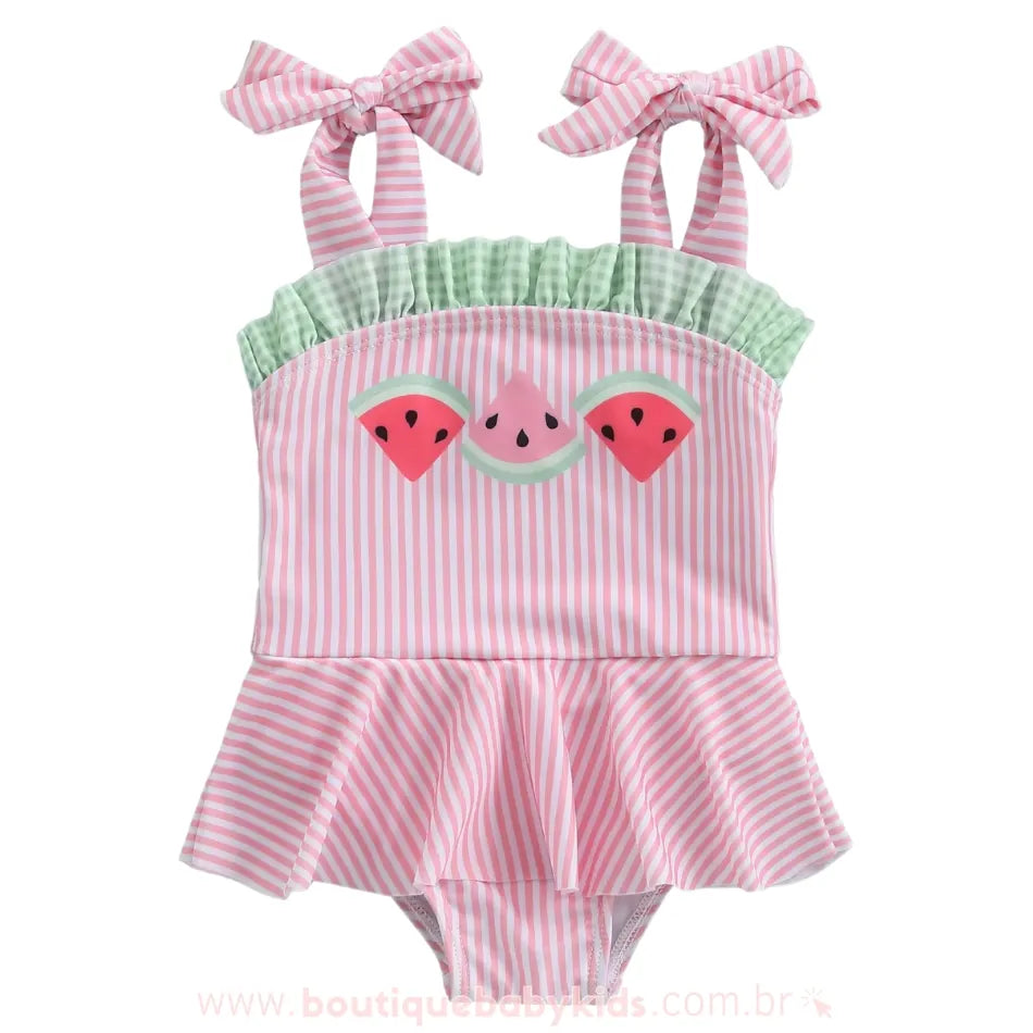 Maiô infantil estampa melancia com alças de laço rosa e babado verde xadrez
