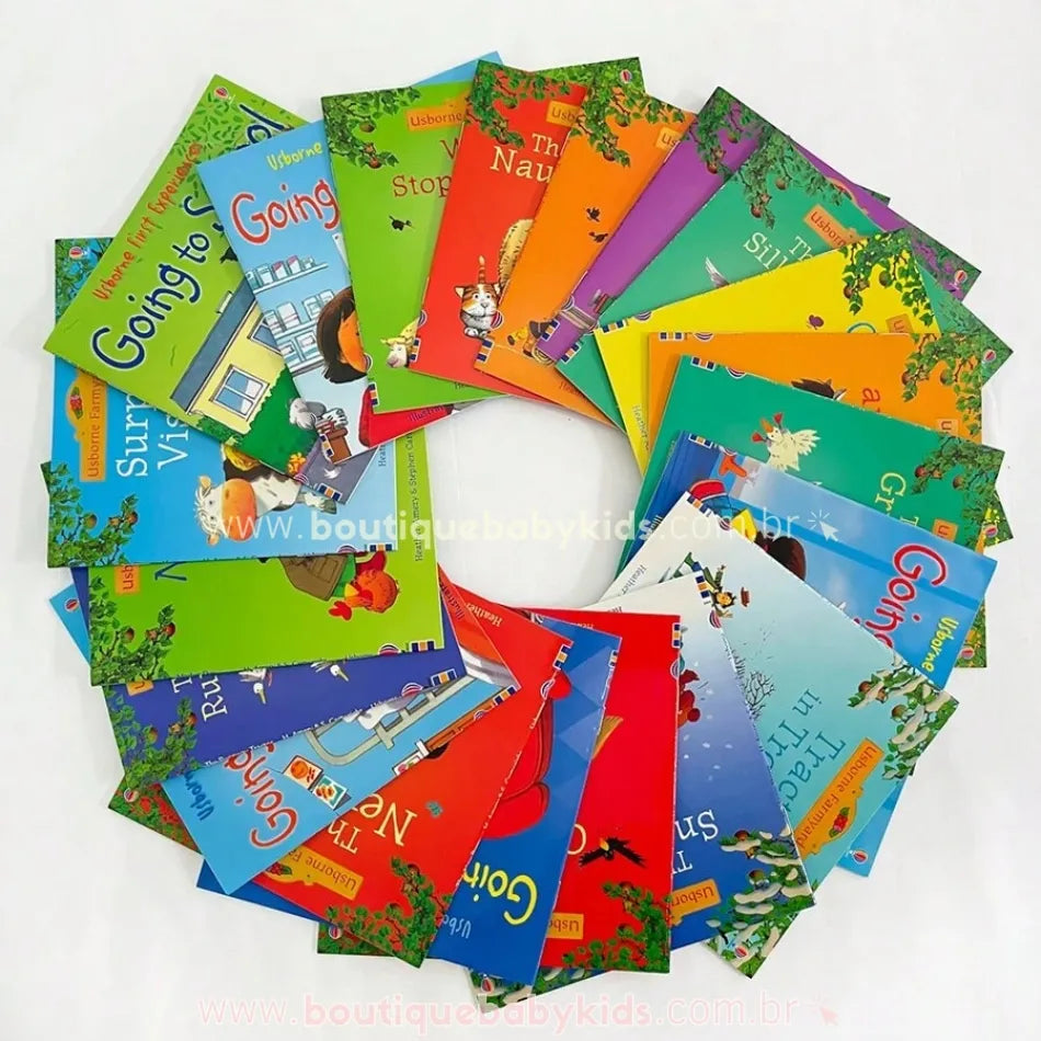 Vídeo apresentando o Kit 20 Livros Infantis em Inglês – Histórias Ilustradas da Usborne. O vídeo mostra os livros coloridos, detalhes das ilustrações e trechos das histórias, destacando a coleção educativa para crianças em fase de aprendizado do inglês.