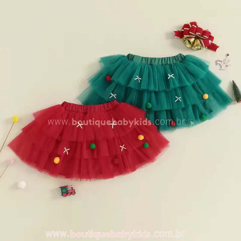 Saia Infantil Tutu Mini Árvore de Natal com Pompons - Boutique Baby Kids