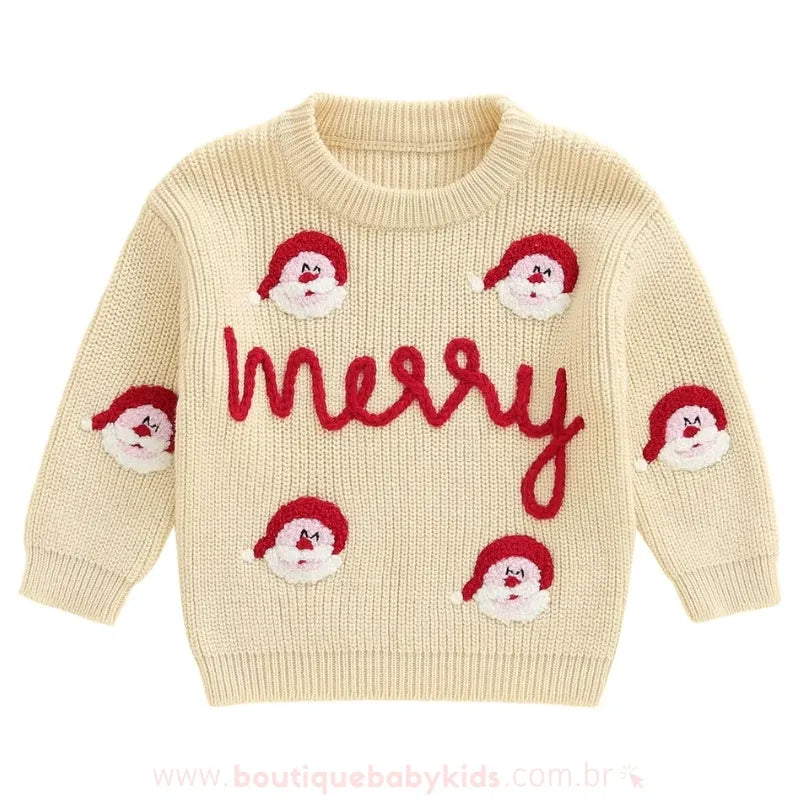 Suéter Infantil Tricot Natalino Bordado Papai Noel Merry Bege - Boutique Baby Kids 