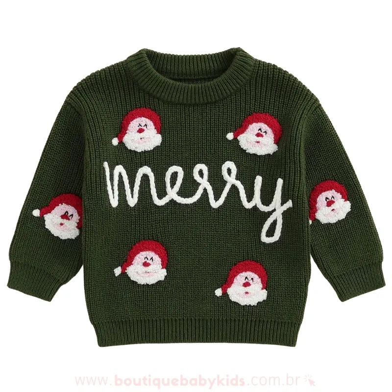 Suéter Infantil Tricot Natalino Bordado Papai Noel Merry Verde - Boutique Baby Kids 