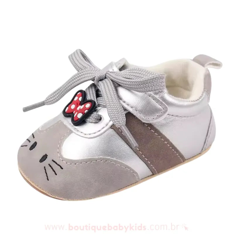 Tênis Bebê Primeiros Passos Gatinha Hello Kitty – Couro Ecológico Cinza - Boutique Baby Kids 