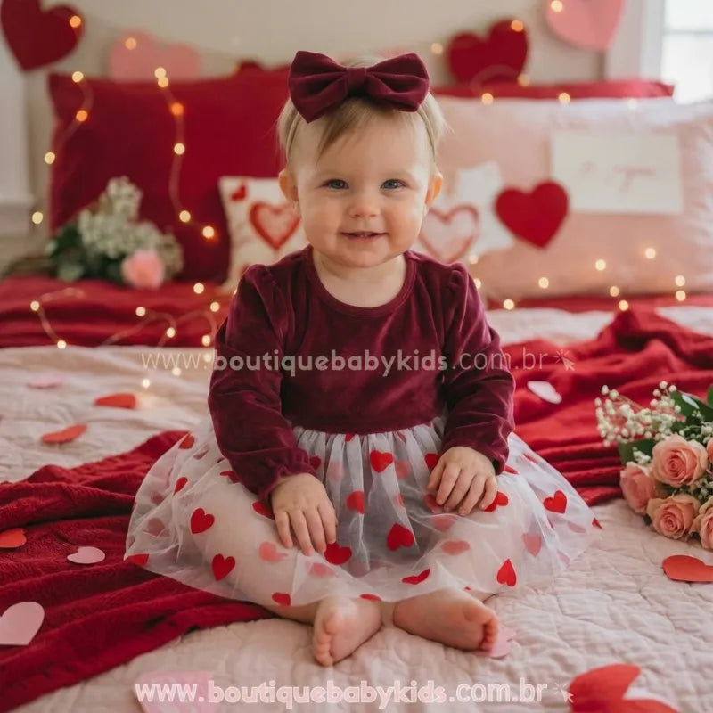 Vestido Bebê Veludo Corações de Amor com Tule e Faixa - Boutique Baby Kids