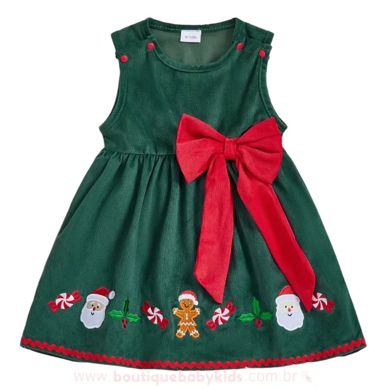 Vestido Infantil Bordado Natal Encantado com Laço Verde - Boutique Baby Kids