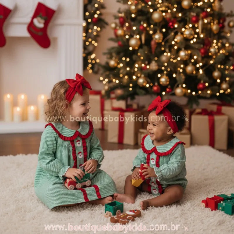 Irmãs vestindo Body e Vestido de Natal Clássico Xadrez Verde Bordado Papai Noel com Faixa sentadas em tapete claro com cenário natalino - Boutique Baby Kids