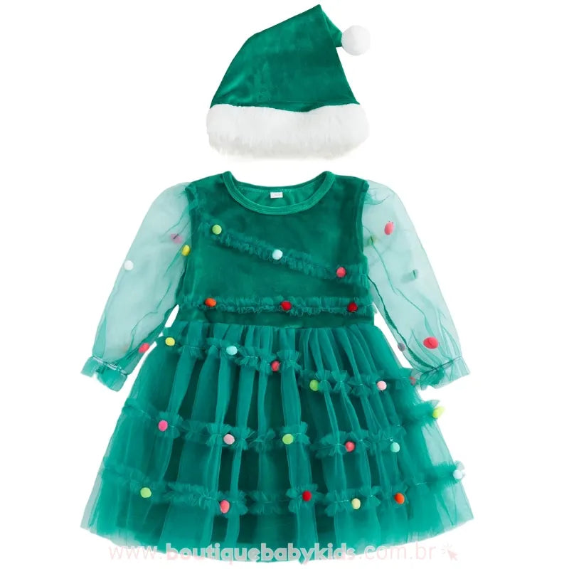 Vestido Infantil Tule Árvore de Natal Sonhos com Gorro Verde - Boutique Baby Kids