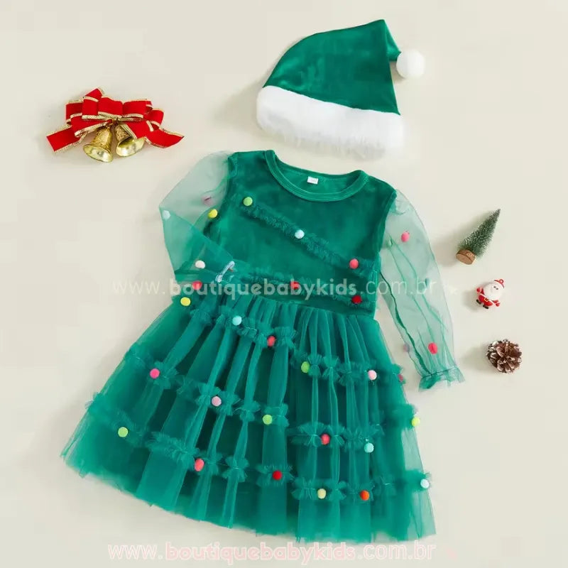 Vestido Infantil Tule Árvore de Natal Sonhos com Gorro Verde - Boutique Baby Kids