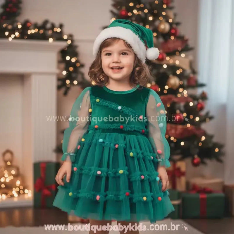 Vestido Infantil Tule Árvore de Natal Sonhos com Gorro Verde - Boutique Baby Kids