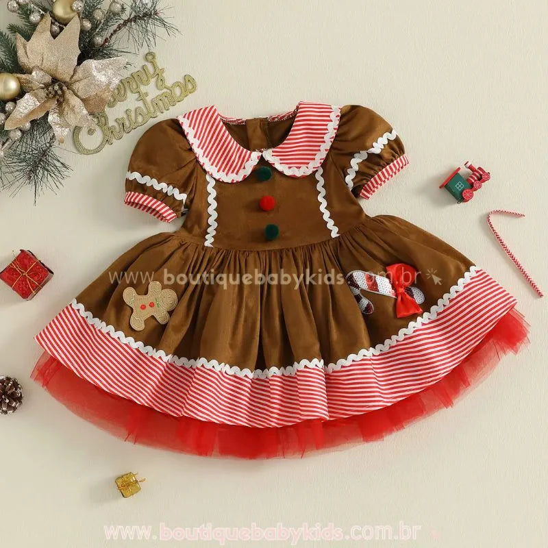 Vestido Infantil Natalino Biscoitinho Doce de Gengibre Marrom - Boutique Baby Kids