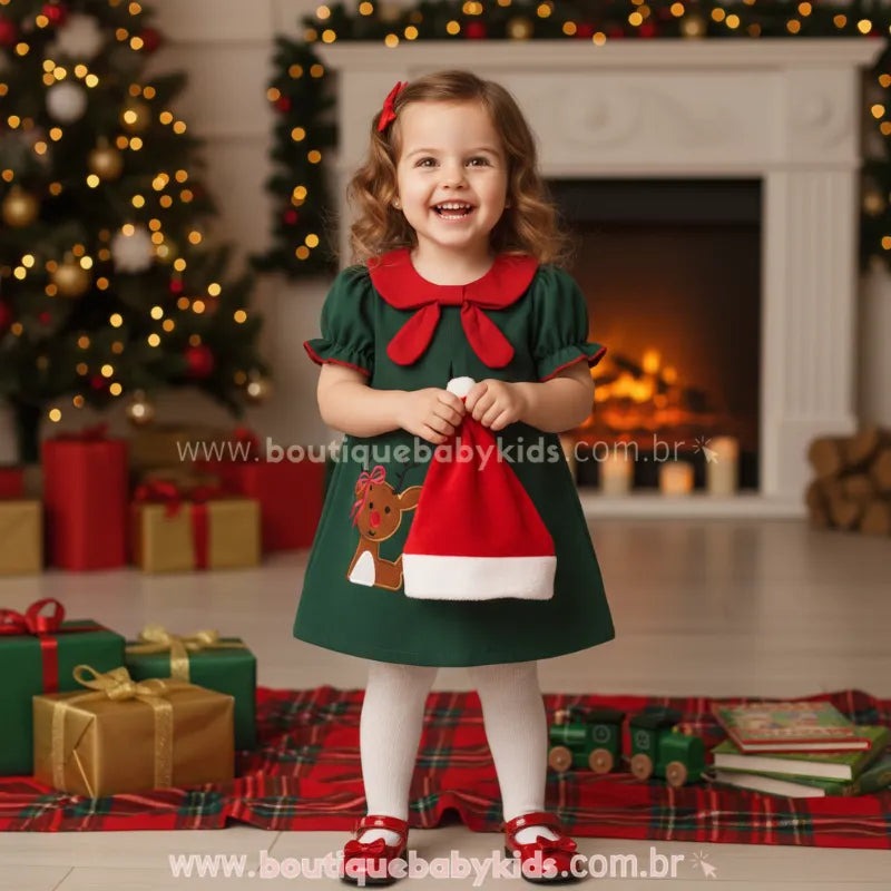 Vestido Infantil Bordado Rena Encantada de Natal Verde - Boutique Baby Kids