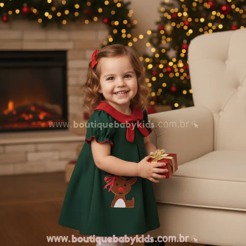 Vestido Infantil Bordado Rena Encantada de Natal Verde - Boutique Baby Kids