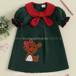 Vestido Infantil Bordado Rena Encantada de Natal Verde - Boutique Baby Kids