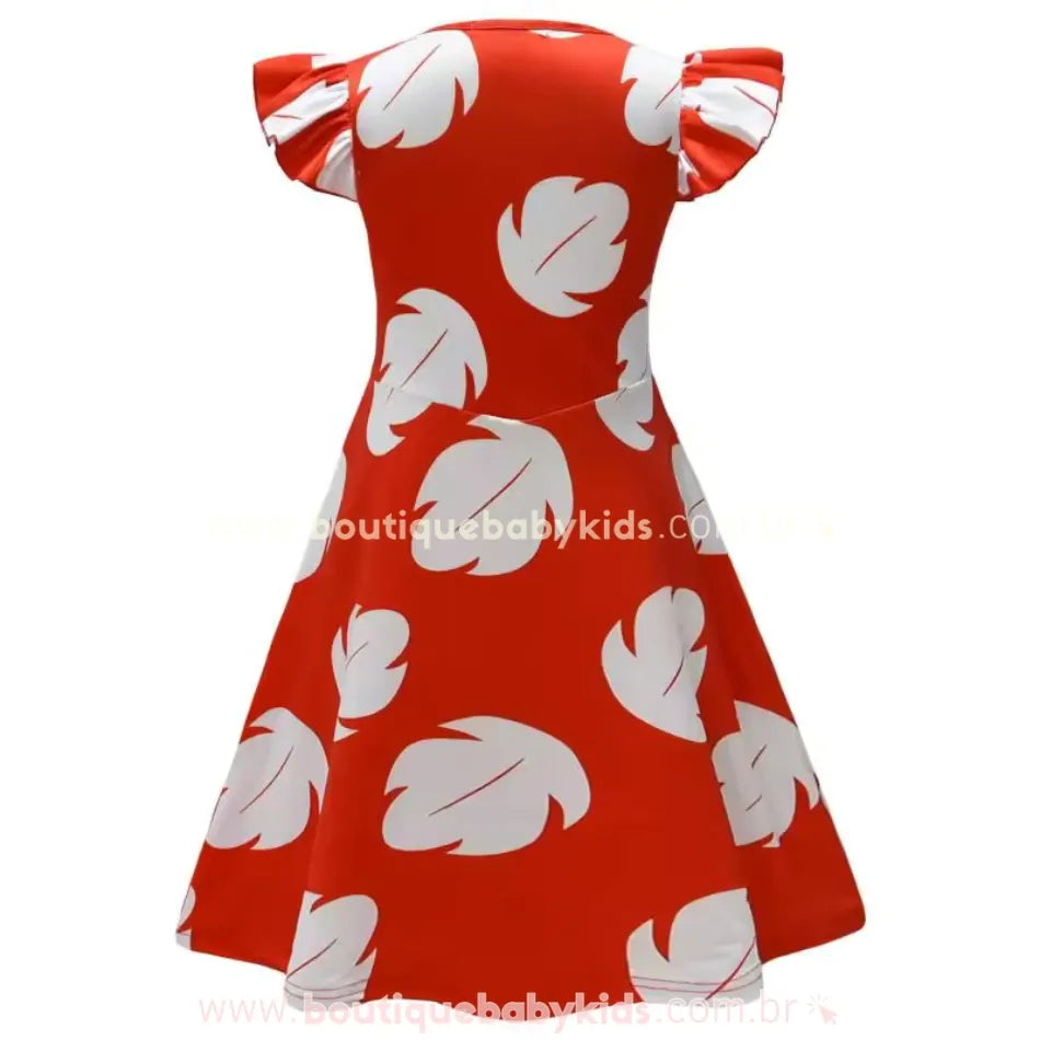 Vista traseira do vestido temático Lilo infantil com estampa havaiana e babados nas mangas.
