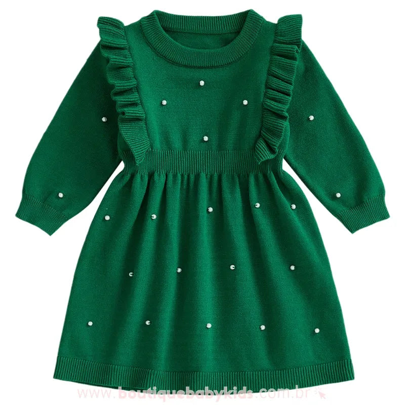 Vestido Infantil Tricot Elegância com Pérolas Verde - Boutique Baby Kids