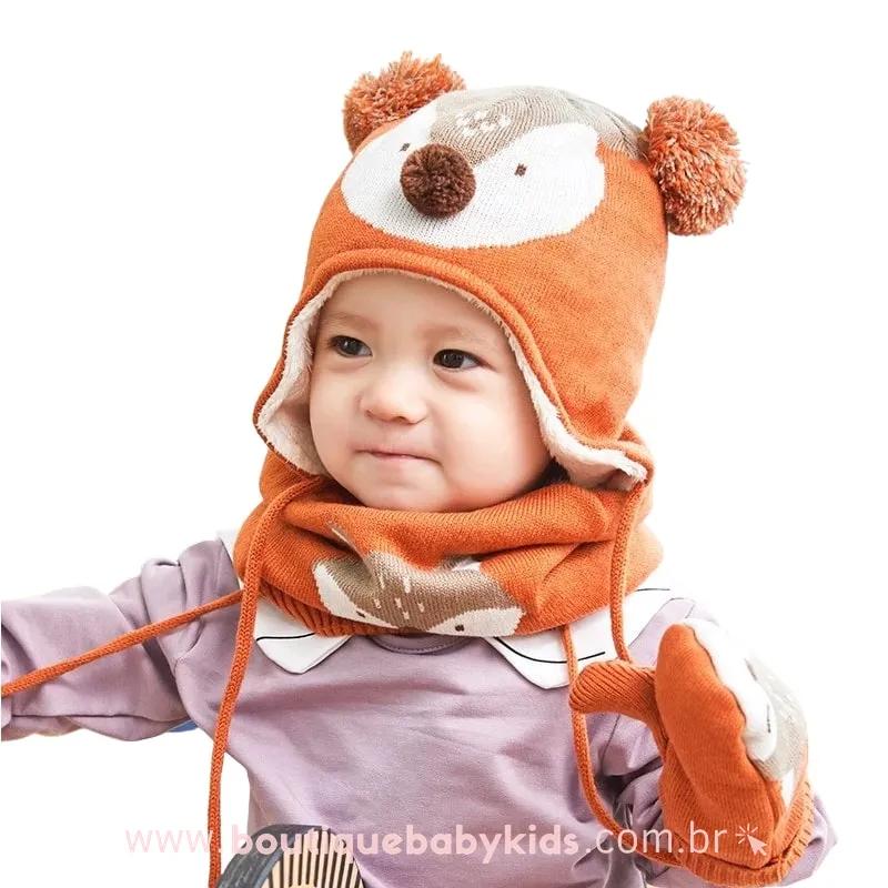 Kit Gorro Cachecol Luvas Raposinha 3 Peças para Inverno - 0 a 4 Anos 