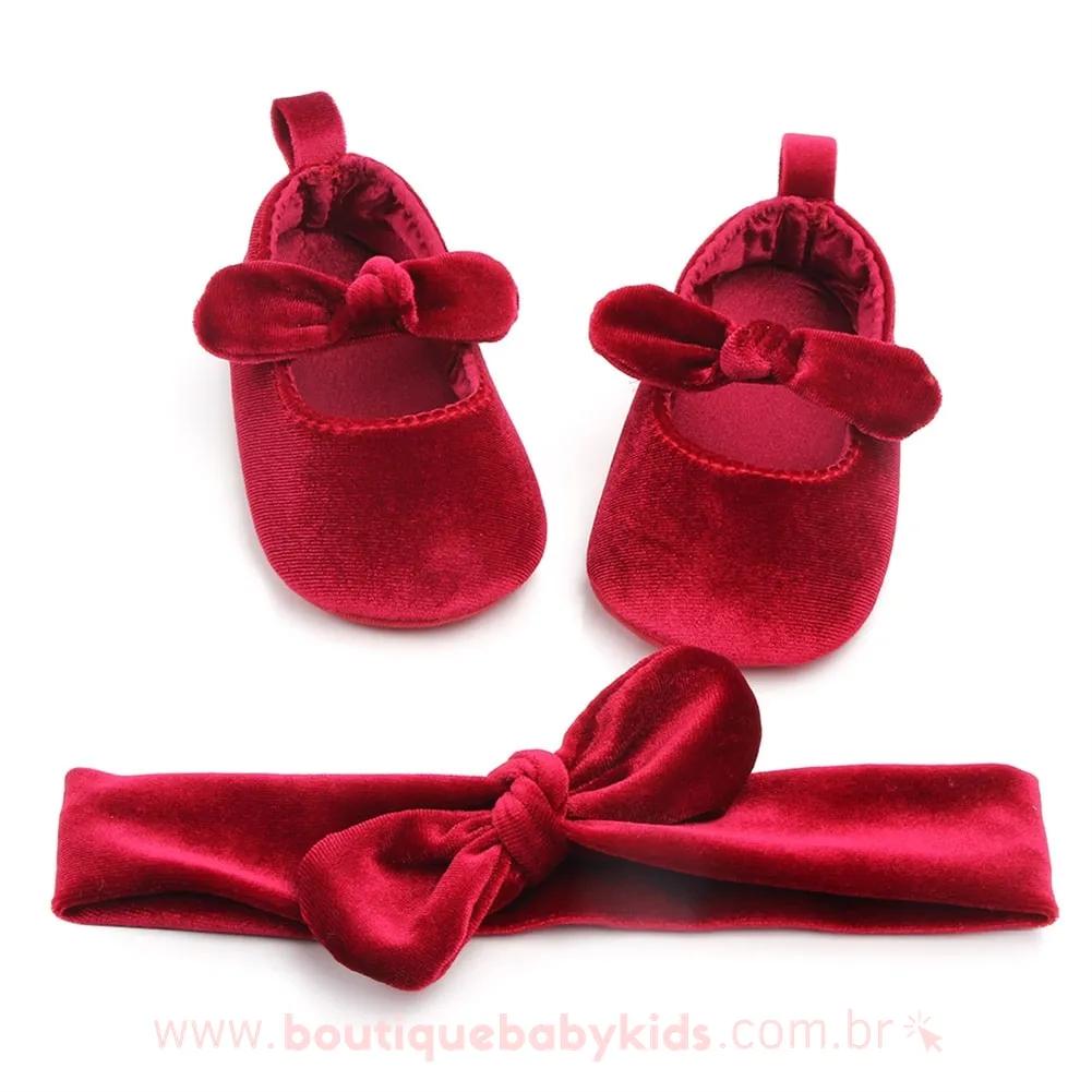Sapatilha Bebê Veludo com Tiara