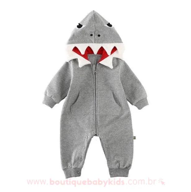 Macacão Bebê Fantasia Tubarão Cinza - Boutique Baby Kids #cinza