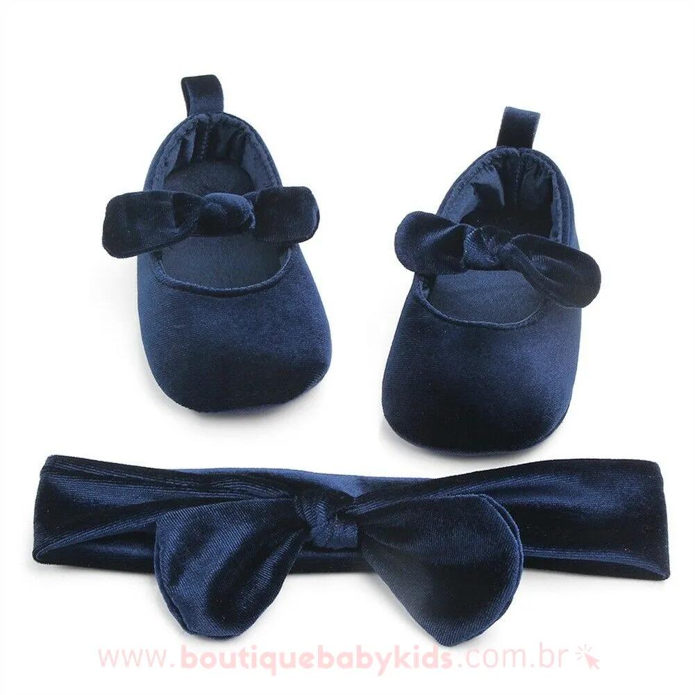 Sapatilha Bebê Veludo com Tiara
