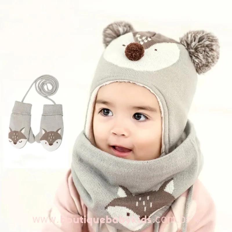 Kit Gorro Cachecol Luvas Raposinha 3 Peças para Inverno - 0 a 4 Anos 