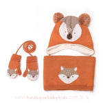 Kit Gorro Cachecol Luvas Raposinha 3 Peças para Inverno - 0 a 4 Anos 