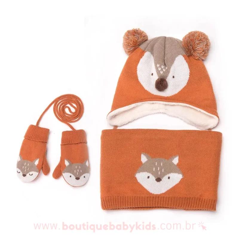 Kit Gorro Cachecol Luvas Raposinha 3 Peças para Inverno - 0 a 4 Anos 