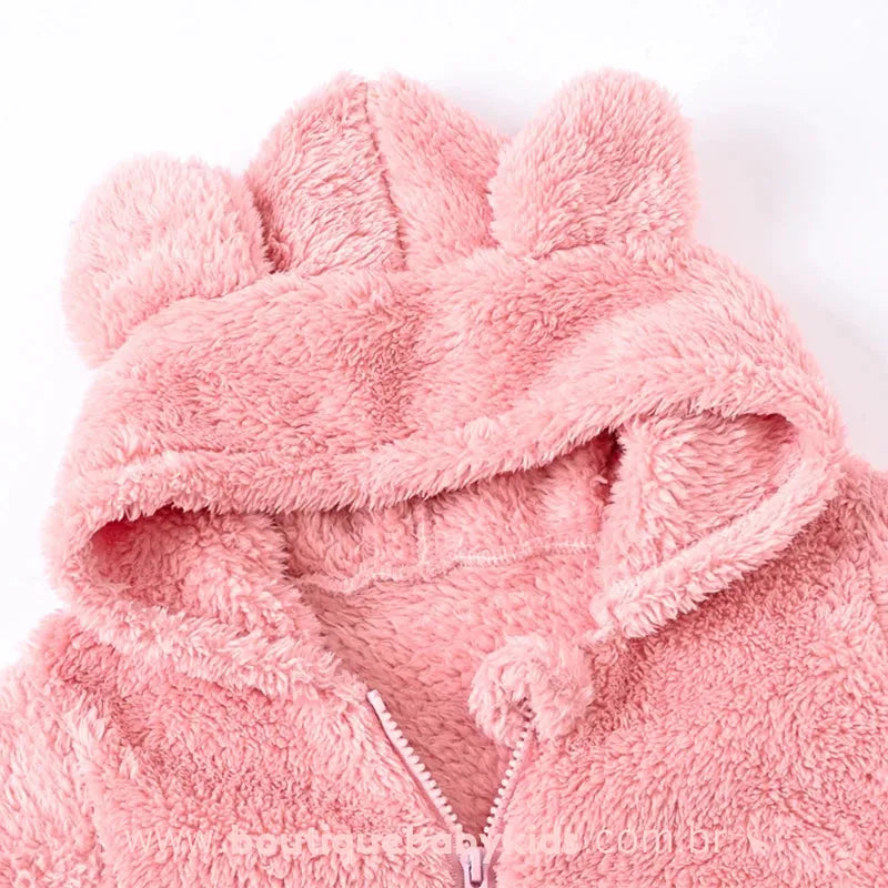 Macacão Bebê Ursinho Pelúcia com Capuz Rosa - Boutique Baby Kids