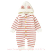 Macacão Bebê Inverno Tricot Listrado Ursinho Rosa - Boutique Baby Kids