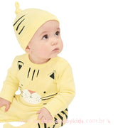Macacão Pijama Bebê Gatinho Amarelo com Pezinho e Touca - Frete Grátis Boutique Baby Kids
