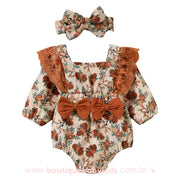Body Bebê Vintage Veludo Cotelê Floral com Faixa - Boutique Baby Kids