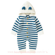Macacão Bebê Inverno Tricot Listrado Ursinho Azul - Boutique Baby Kids