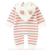 Macacão Bebê Inverno Tricot Listrado Ursinho Rosa - Boutique Baby Kids