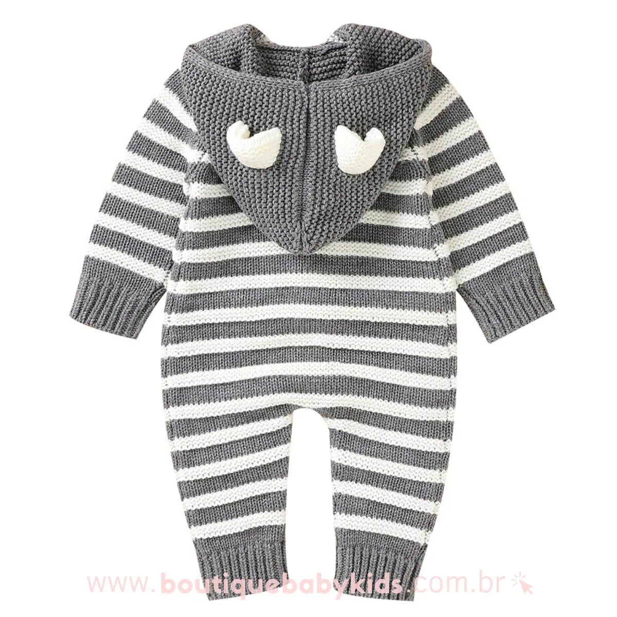 Macacão Bebê Inverno Tricot Listrado Ursinho Cinza - Boutique Baby Kids
