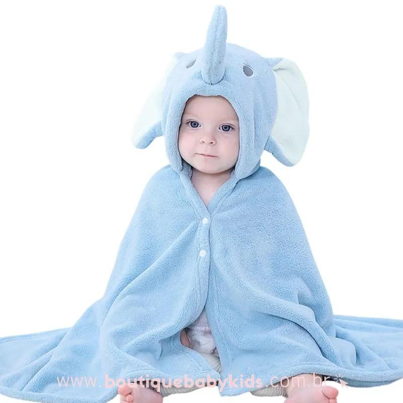 Toalha Infantil Divertida Elefantinho Azul com Capuz - Boutique Baby Kids