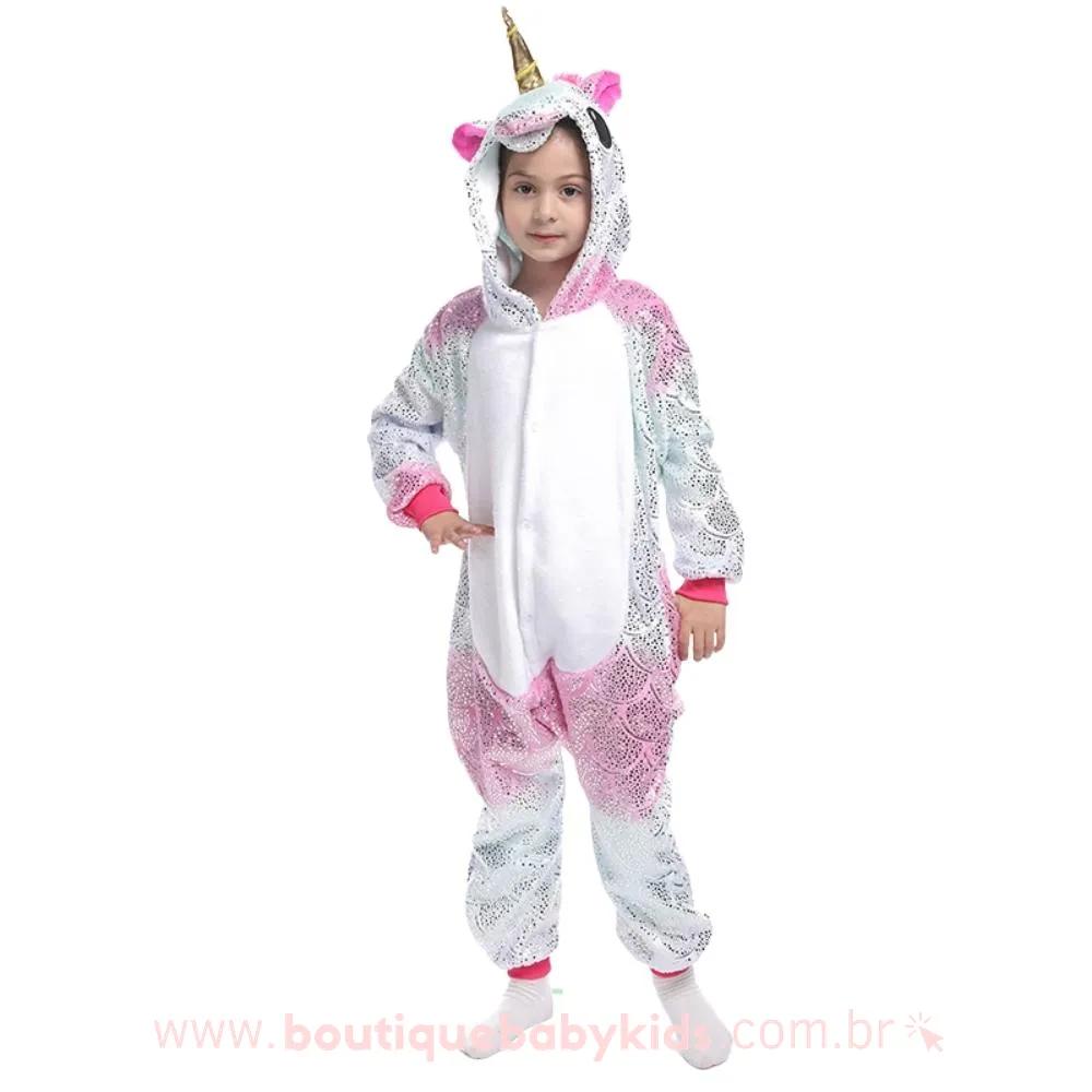 Pijama Macacão Infantil Fantasia Kigurumi Unicórnio Multicor Glitter Rosa - Boutique Baby Kids