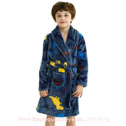 Roupão Infantil Soft Estampa Dinossauros Azul - 4 a 12 Anos - Boutique Baby Kids