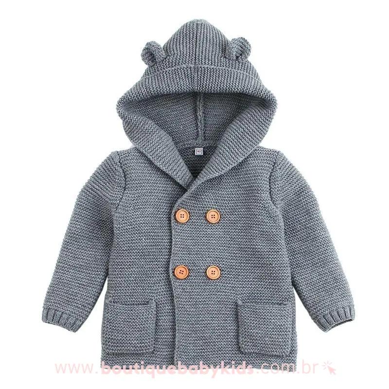 Casaco Bebê Inverno Tricot Ursinho com Capuz Cinza - Frete Grátis - Boutique Baby Kids