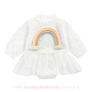Vestido Bebê Rendado Arco-Íris Branco Manga Longa - Frete Grátis - Boutique Baby Kids