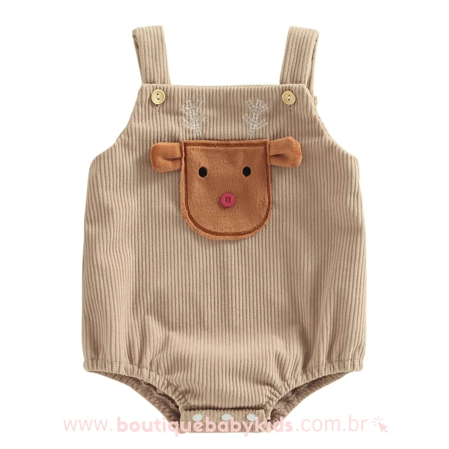 Body Bebê Jardineira Bordado Natal Rena Bege - Boutique Baby Kids