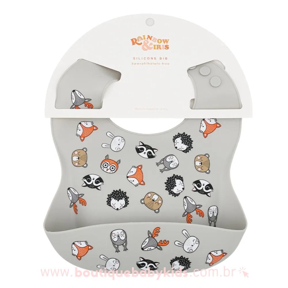 Babador de Silicone Animais com Cata Migalhas Cinza - Boutique Baby Kids