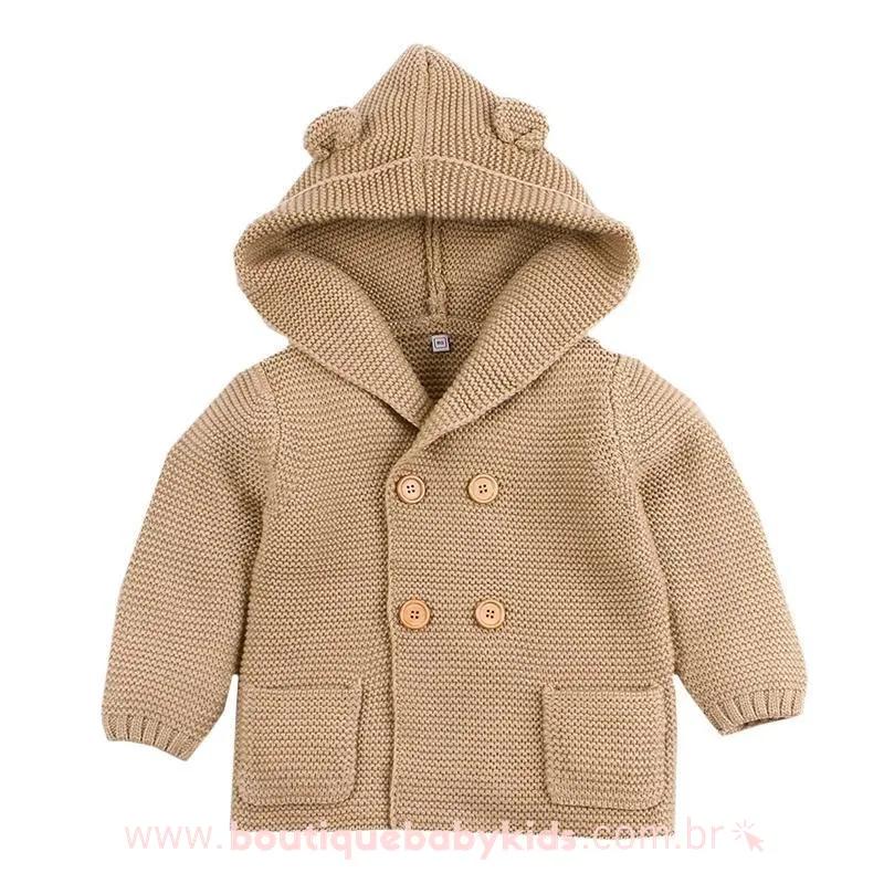 Casaco Bebê Inverno Tricot Ursinho com Capuz Bege - Frete Grátis - Boutique Baby Kids