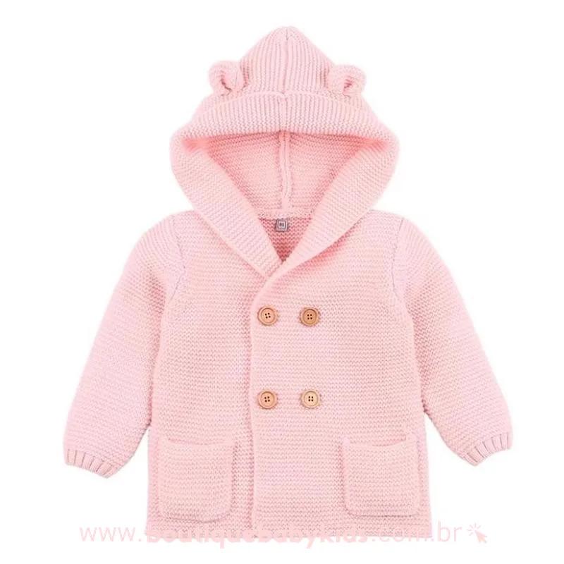 Casaco Bebê Inverno Tricot Ursinho com Capuz Rosa - Frete Grátis - Boutique Baby Kids