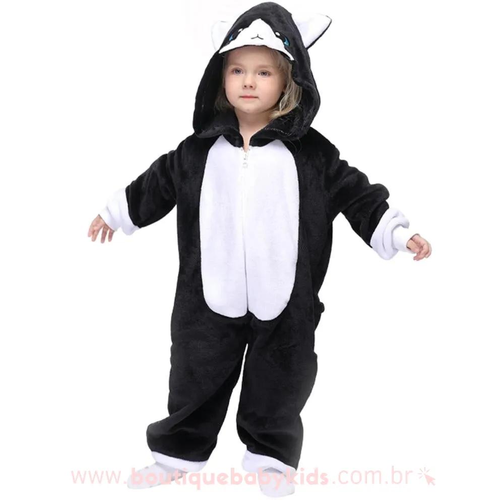Pijama Macacão Infantil Kigurumi Fantasia Gato Preto - 3 a 12 Anos - Boutique Baby Kids